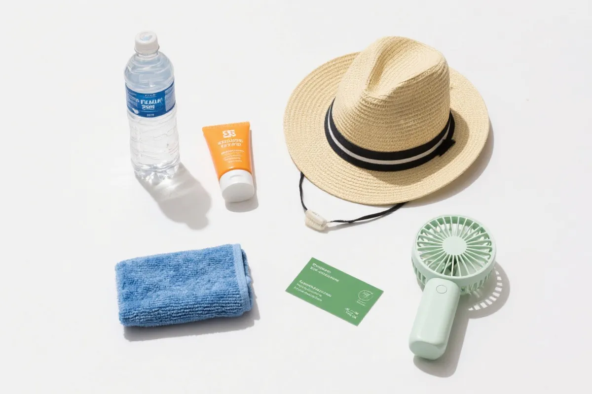 家庭观赛随身物品平铺：水、帽子、防晒、联络卡与小风扇