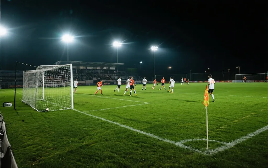 世界杯夜赛球场，灯光与草皮细节，紧张氛围，纪实摄影风格